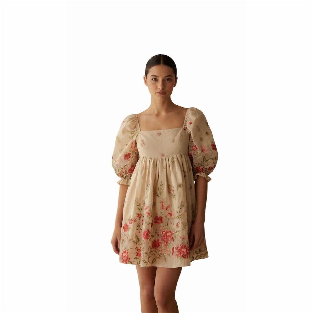 Storia Floral Embroidered Mini Dress - Cream and Pink - Picture 2 of 6